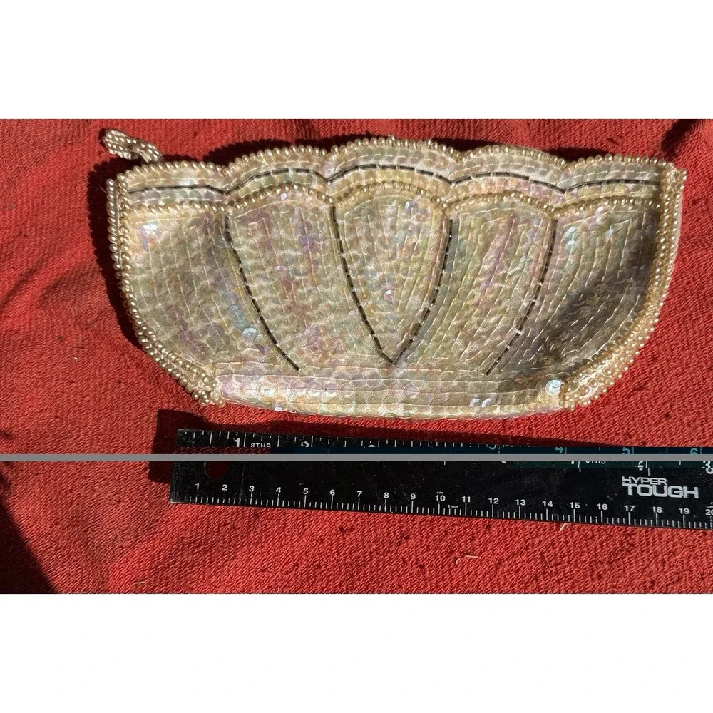 Vintage La Regale Iridescent Sequin Clutch Pearl Beaded Evening Bag Japan